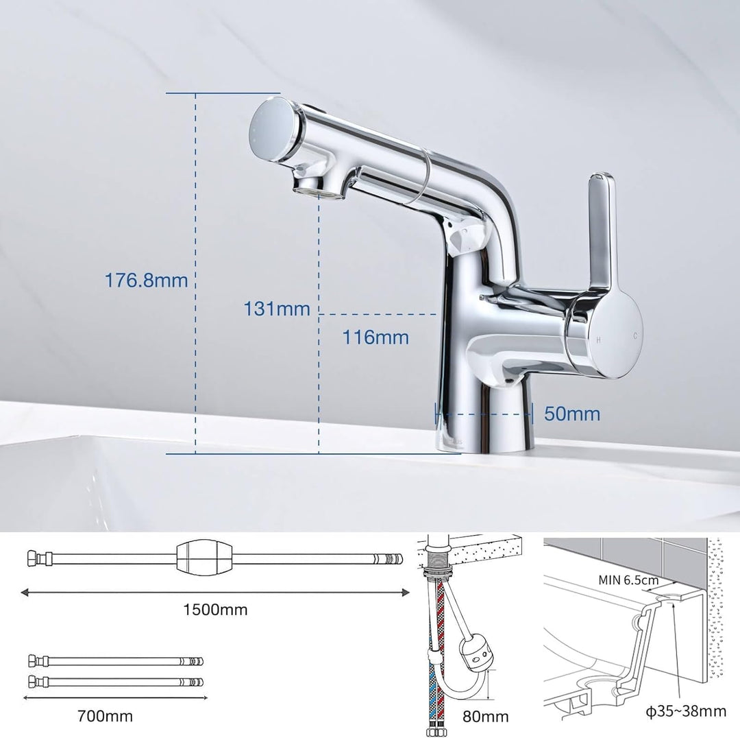 BuntHaus Wasserhahn Ausziehbarer mit Brause & Oberstrahl, Waschtischarmatur mit Auslauf Höhe 130 mm,