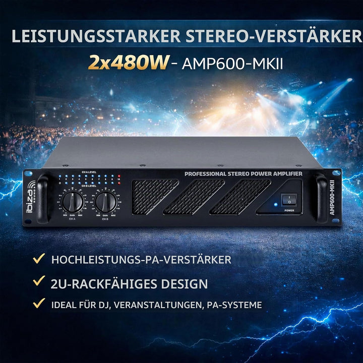 Ibiza - AMP600-MKII - Professioneller PA-Verstärker 2x480W mit RCA/Klinke Eingängen und Speakon/Born