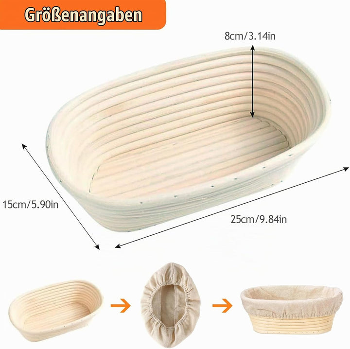 2 Stück Oval Gärkörbchen Set mit Leinenstoff Einlage, 25 x 15 x 8cm Brotbacken Gärkorb, Natürlichem