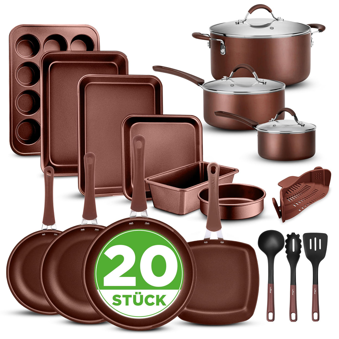 NutriChef Topf- & Pfannenset Induktion 20-teilig Braun – Antihaft-Kochgeschirr mit Deckeln & Backfor