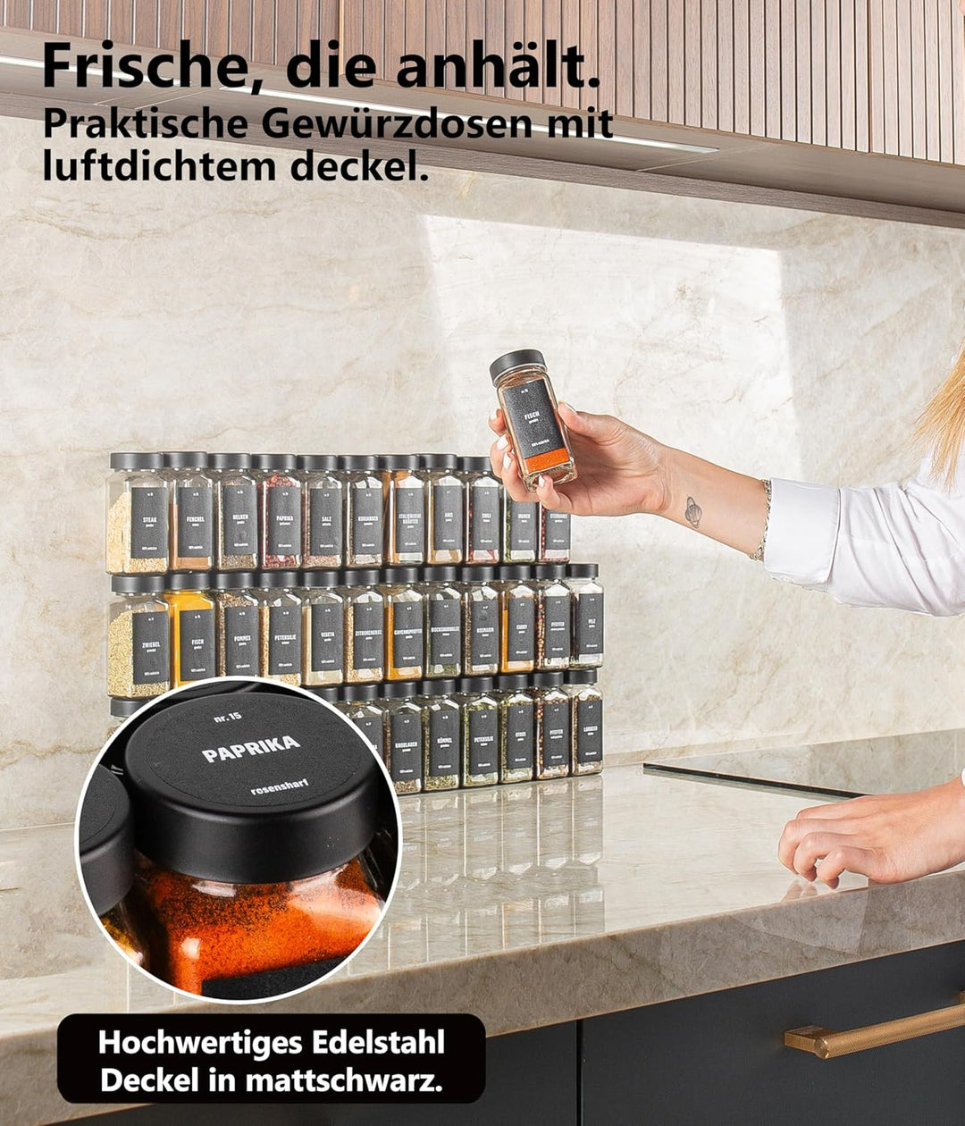 Deco haus® Gewürzgläser eckig luftdicht 24er Set [inkl. Etiketten & Streueinsatz] - Gewürzdosen Set