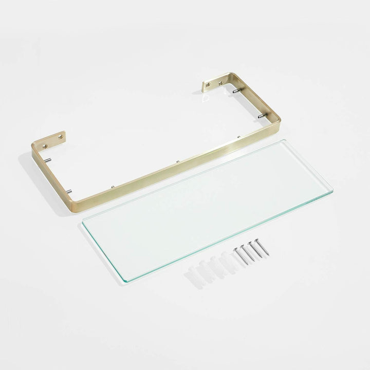 Glasablage mit Reling aus Gebürstetes Gold, Wandablage für das Badezimmer aus Glas und Edelstahl, 45