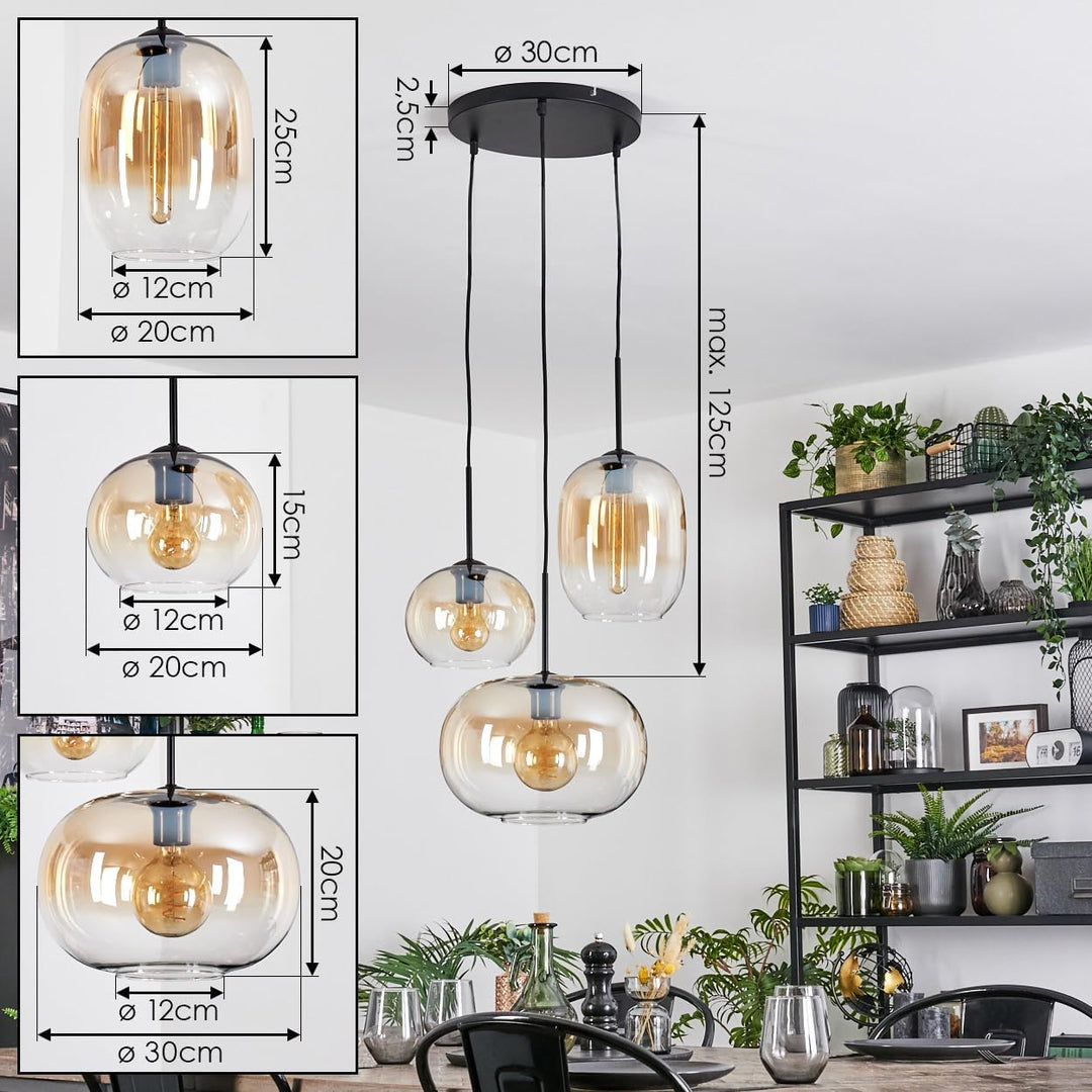HOFSTEIN Hängeleuchte Apedo, 3-flammige Hängelampe aus Metall/Glas in Schwarz/Bernstein/Klar, modern