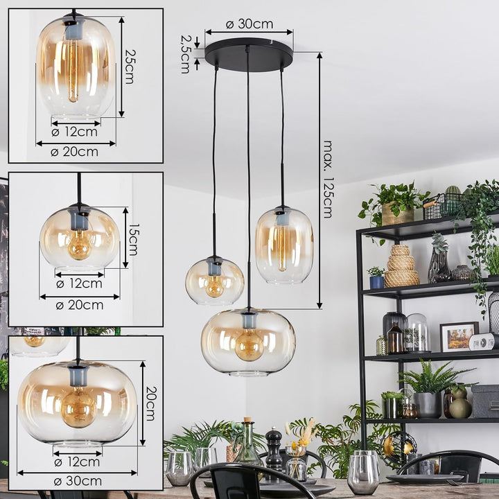 HOFSTEIN Hängeleuchte Apedo, 3-flammige Hängelampe aus Metall/Glas in Schwarz/Bernstein/Klar, modern