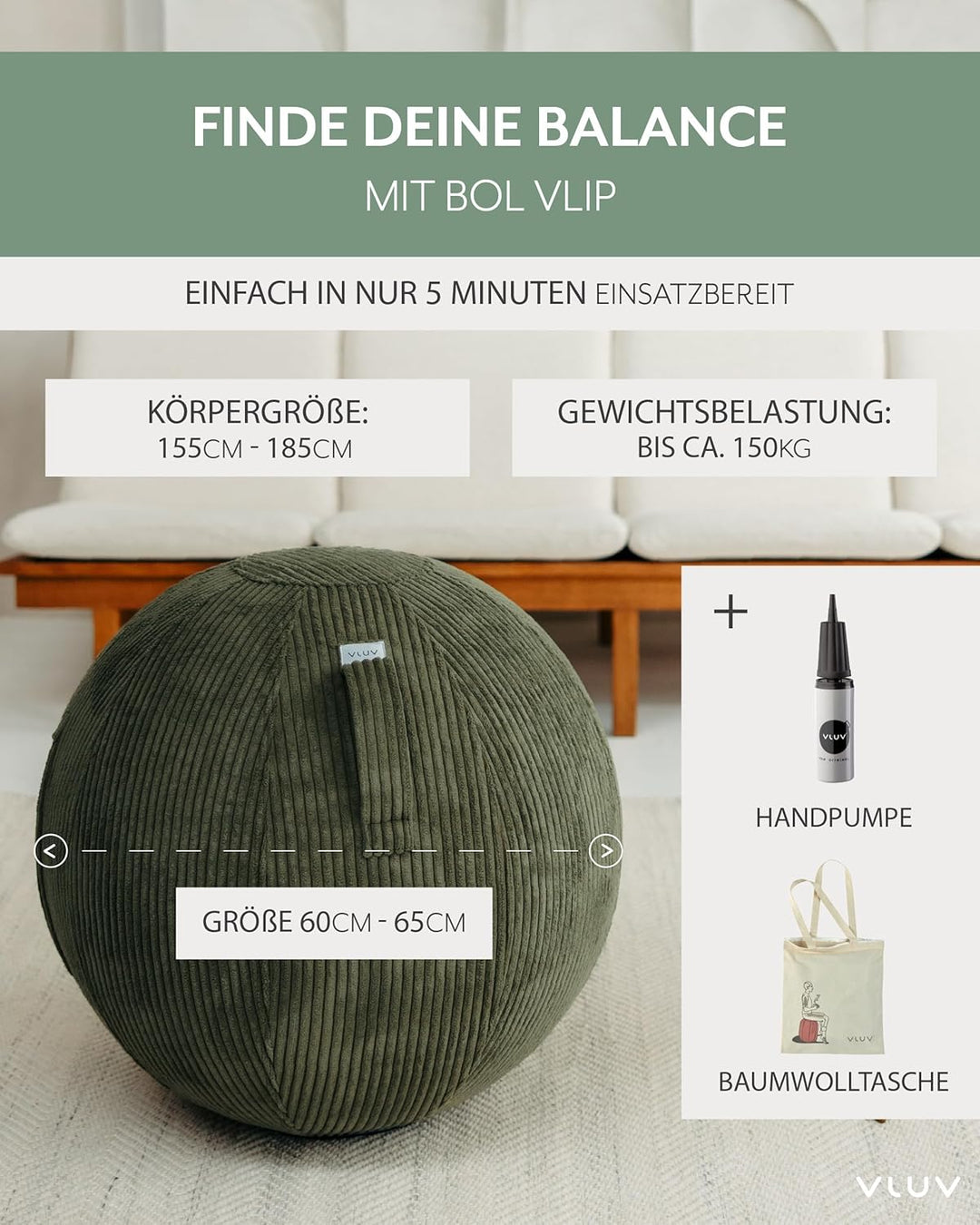 VLUV® BOL VLIP Sitzball Büro Ergonomisch [Atmungsaktiv mit Tragegriff und Wegrollschutz] Waschbarer