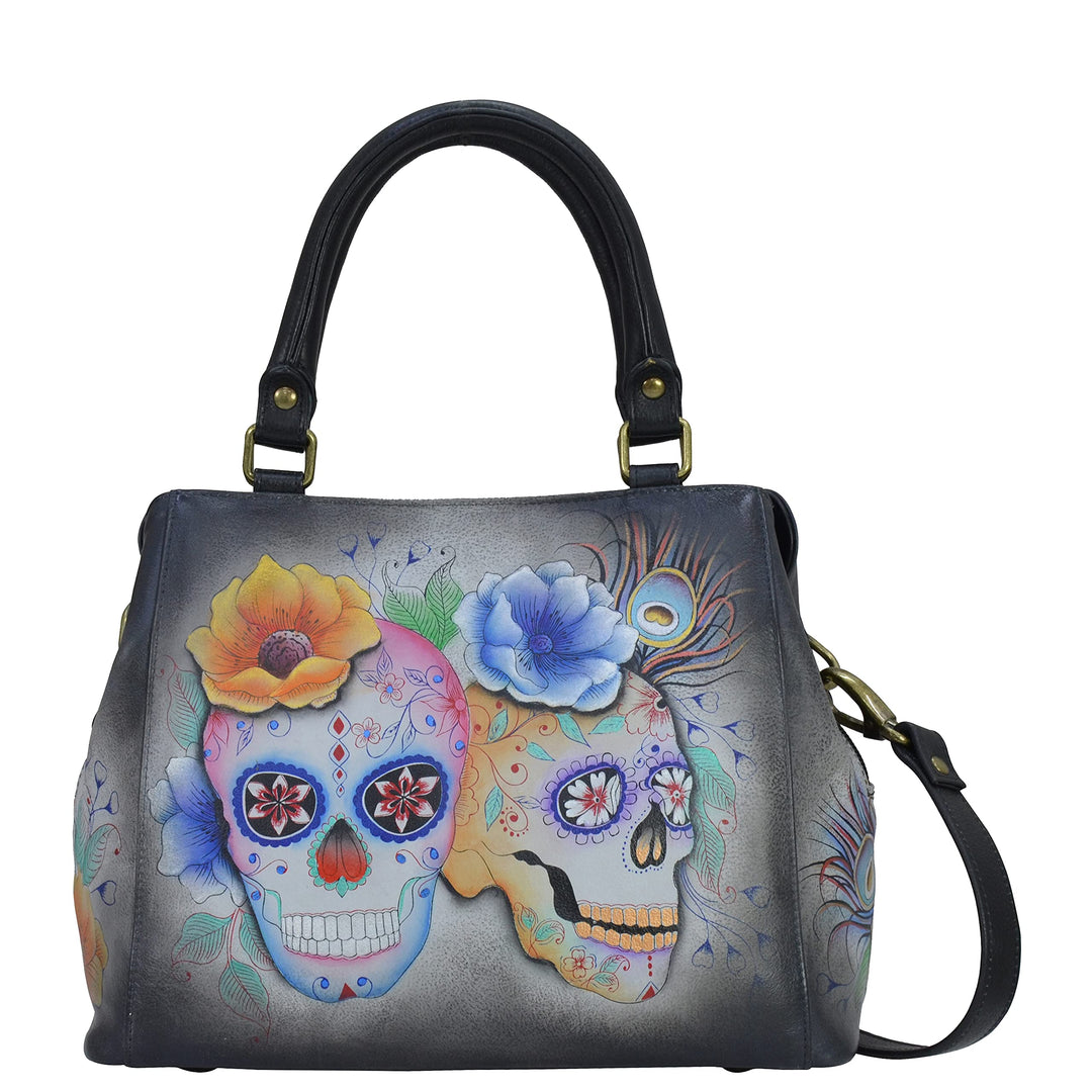 Anuschka Handbemalte Satchel Tasche mit mehreren Fächern aus Echtleder Calaveras De Azúcar, Calavera