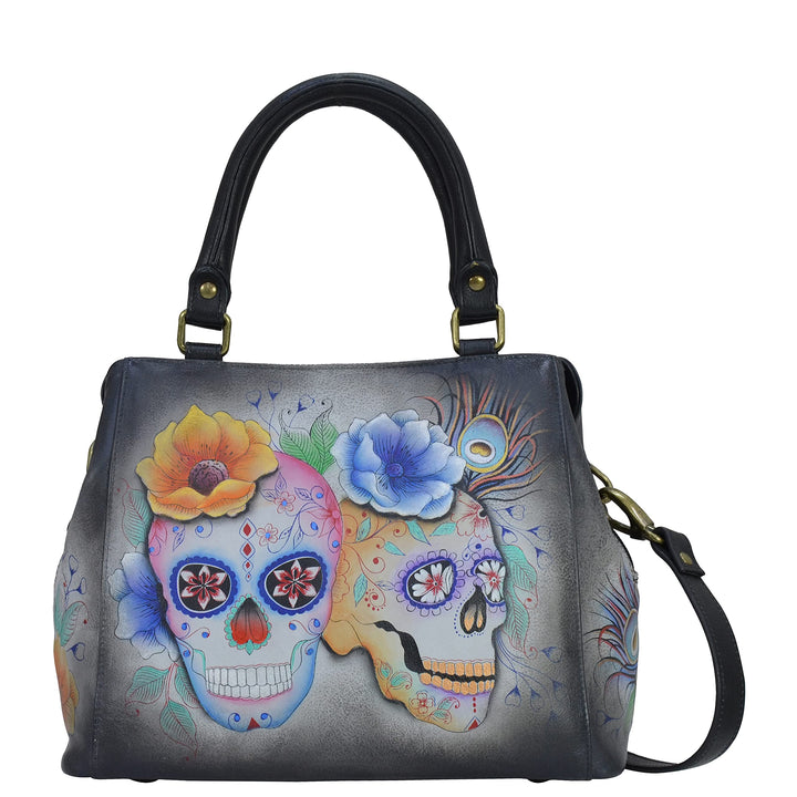 Anuschka Handbemalte Satchel Tasche mit mehreren Fächern aus Echtleder Calaveras De Azúcar, Calavera