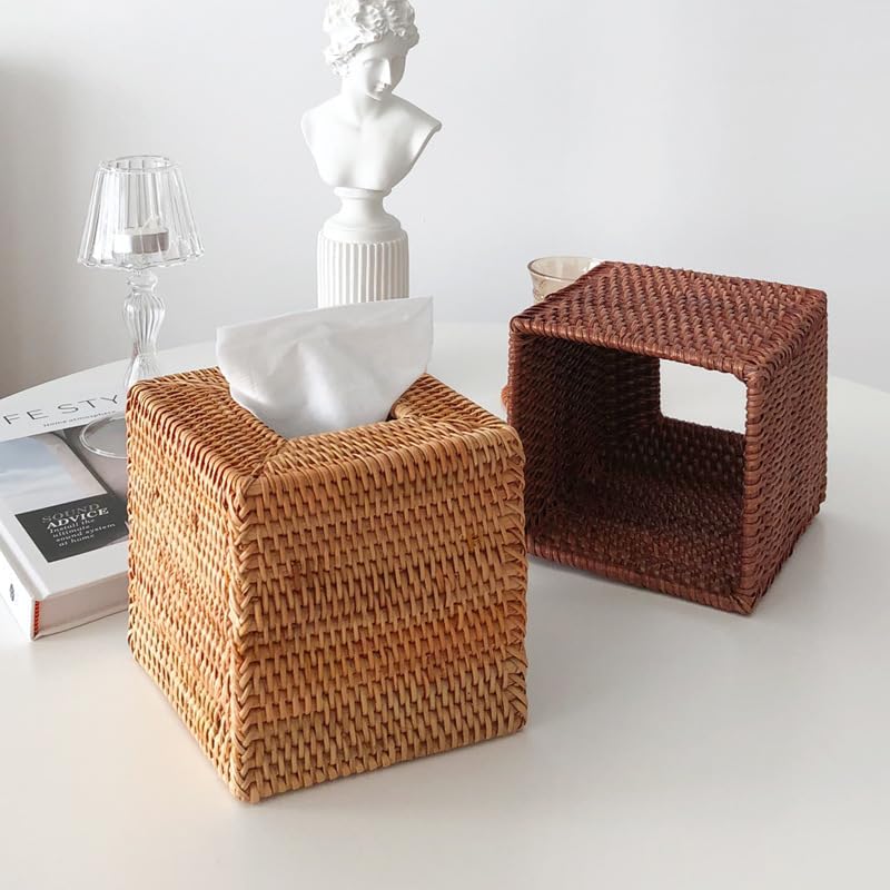 Kosmetiktücherbox aus Rattan, Quadratische Geflochtener Tücherbox Halter, Gewebter Gesichtstuchhalte