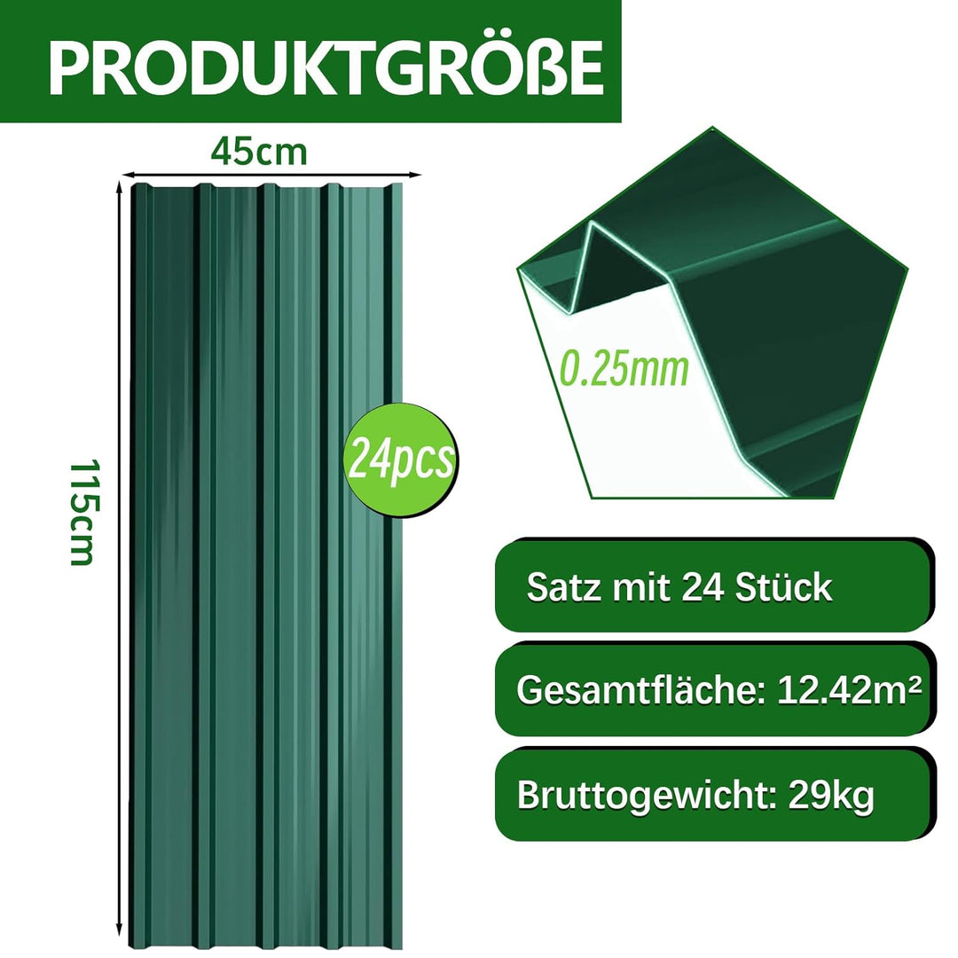 Profilblech Trapezblech 24er Set, 115×45 cm (12,42 m²), Wetterfest Rostresistent Verzinkte Wellblech