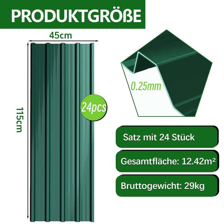 Profilblech Trapezblech 24er Set, 115×45 cm (12,42 m²), Wetterfest Rostresistent Verzinkte Wellblech