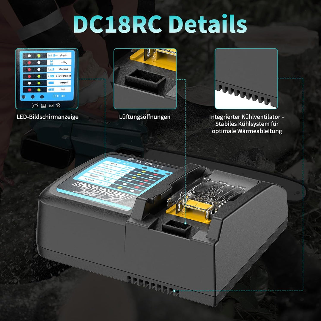 DC18RC Schnellladegerät, kompatibel mit Makita 14,4 V–18 V Akkus, geeignet für Modelle wie BL1815N,