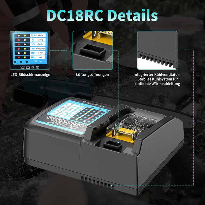 DC18RC Schnellladegerät, kompatibel mit Makita 14,4 V–18 V Akkus, geeignet für Modelle wie BL1815N,