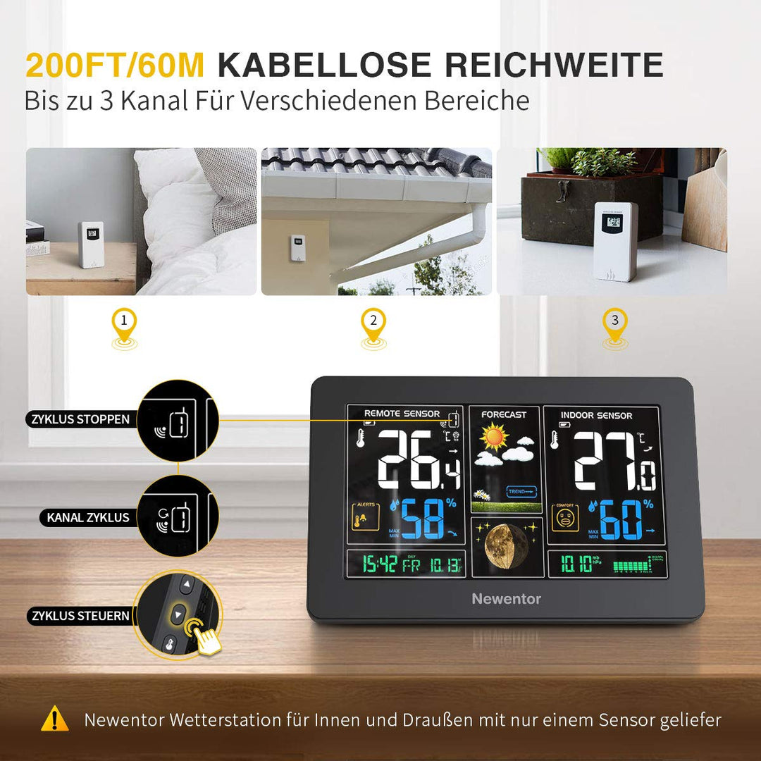 Newentor Wetterstation Funk mit Aussensensor - Funkwetterstation mit Wettervorhersage, Temperaturwar