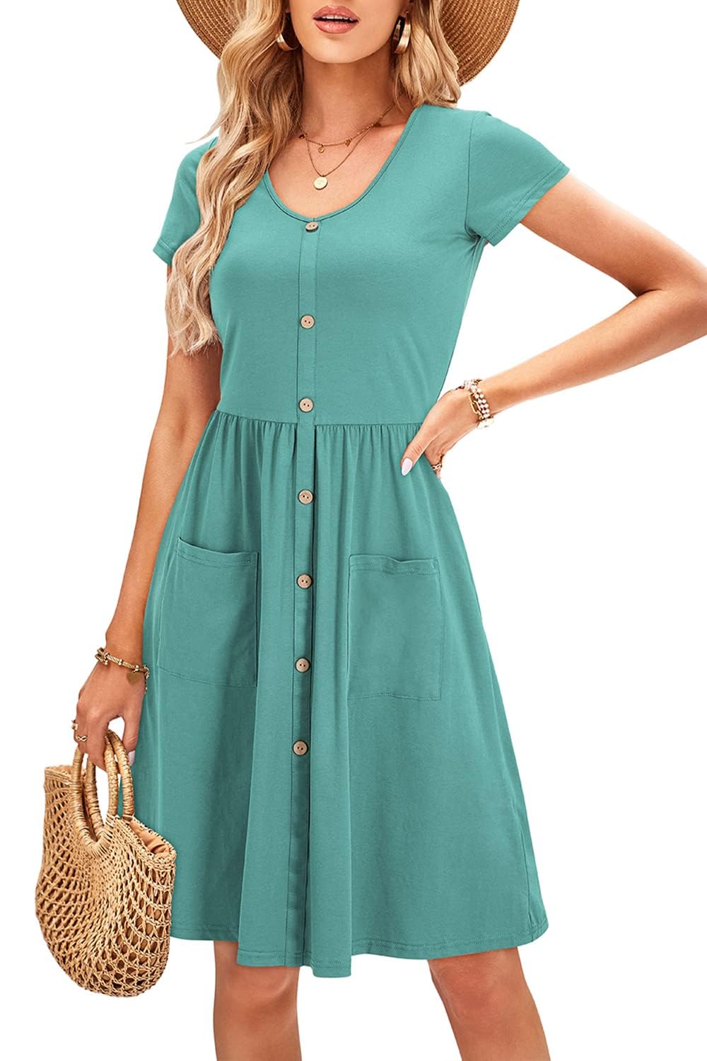 OUGES Sommerkleid Damen Casual Kleid V-Ausschnitt Midi Kleider Knopfleiste Freizeitkleid mit Taschen
