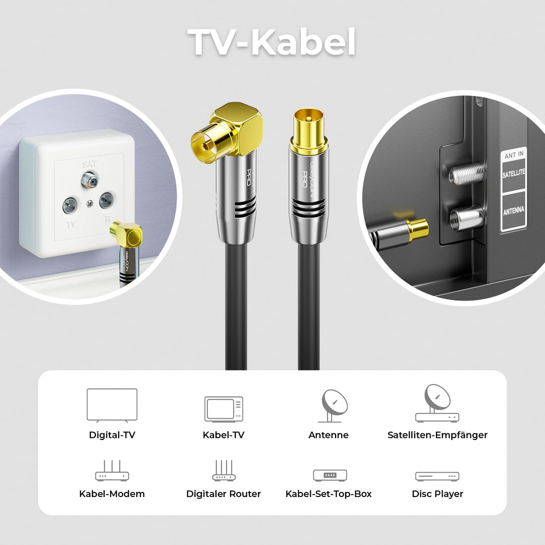 deleyCON 15m TV Antennenkabel HDTV Full HD - 1x gewinkelt - Koaxialkabel - TV-Stecker (gerade) zu TV