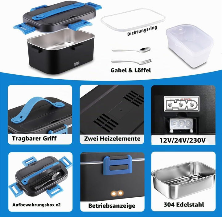 Kimfead Elektrische Lunchbox 80W 1,8L Edelstahl Entnehmbare Tragbarer brotdose 12V/24V/230V Insulate