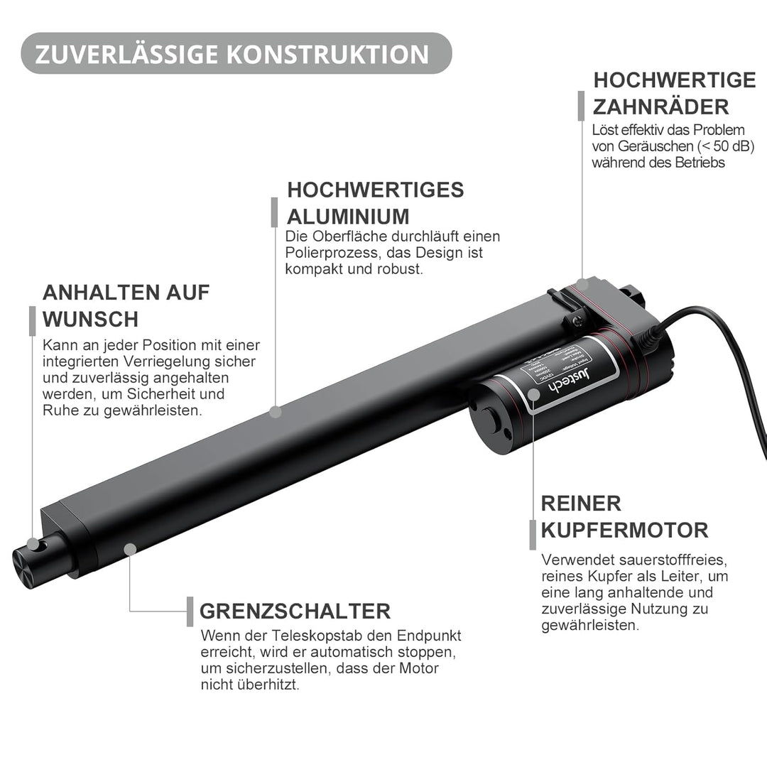 Justech Linear Actuator 250mm Hub max Linearantrieb 1000N Linearantrieb 14mm/s Motor Lineartechnik A