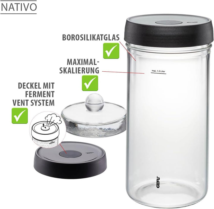 GEFU Fermentierglas NATIVO 1,5 Liter, inkl. Beschwerungsgewicht, Fermentationsglas mit Gewicht und D