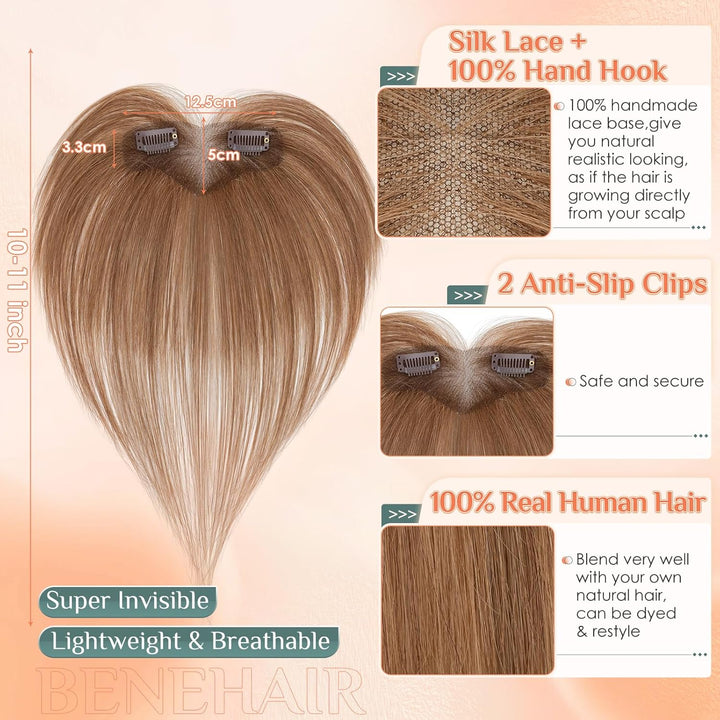 Benehair Echthaar Hair Topper für Frauen, 100% Echthaar Topper Seitenpony, 9g Haarverdichtung für Dü
