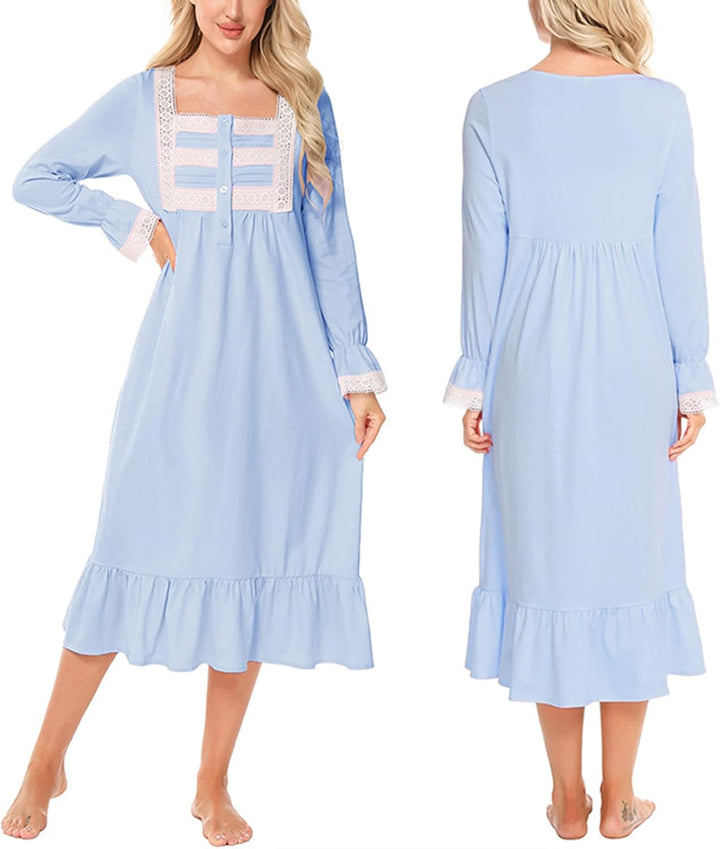 aromm Damen Weich Nachthemd Knopfleiste Viktorianisch Lange Ärmel Stillen Pyjama, S