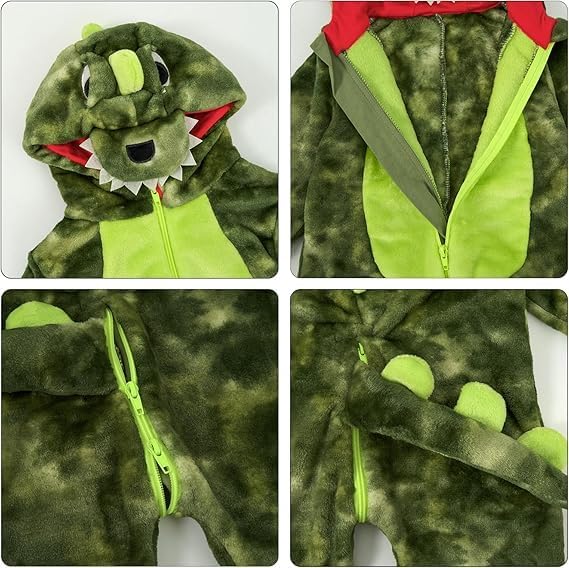 LOLANTA Baby Dinosaurier Drachen Kostüm mit Kapuze, Kinder Flanell Overall, Karneval Kostüm für Klei