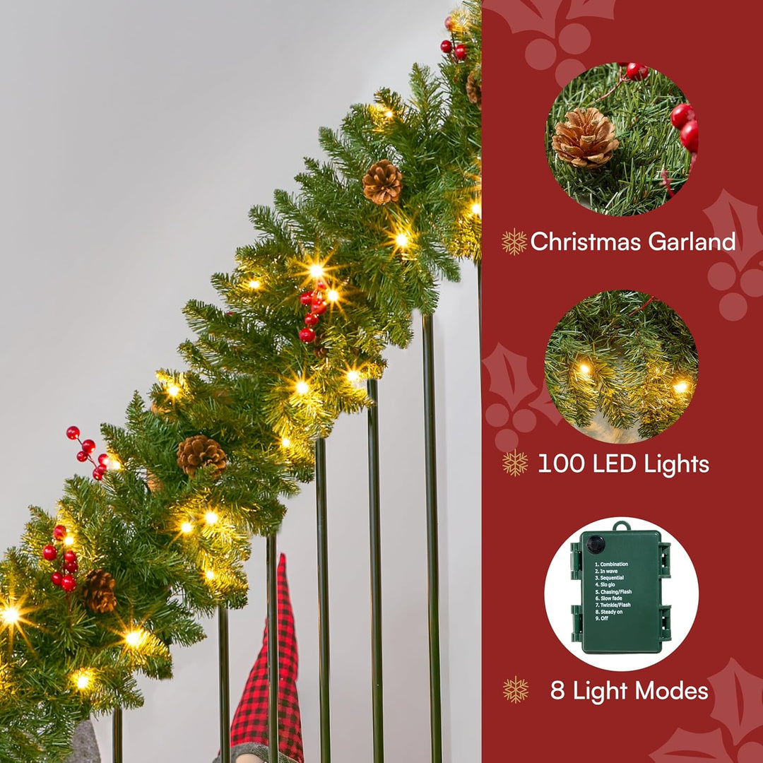 Joiedomi 2.7 Meter künstliche Weihnachtsgirlande, Tannengirlande mit 100 LED Licht, 27 Tannenzapfen,