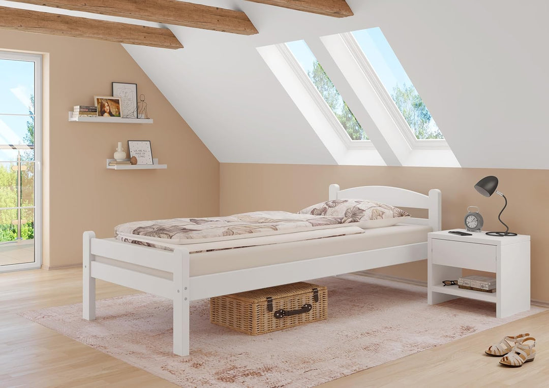 Erst-Holz Weisses Einzelbett Buche massiv 80x200 Bettgestell und wählbare Ausstattung V-60.45-08W, A