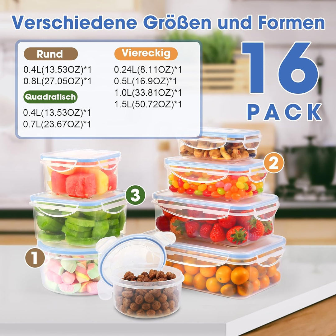 YASHE Frischhaltedosen mit deckel 16pcs (8 Behälter, 8 Deckel), Vorratsdosen Set, 100% Auslaufsicher