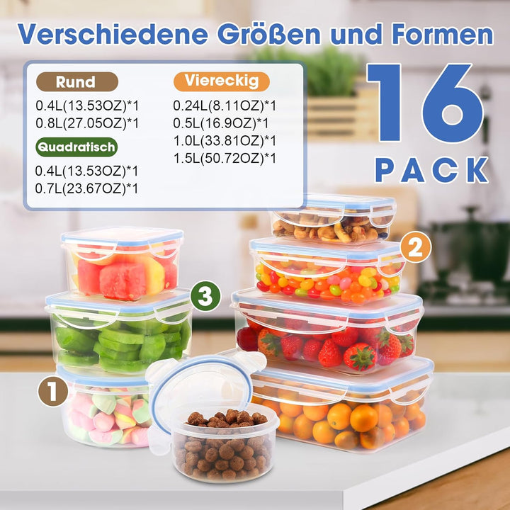 YASHE Frischhaltedosen mit deckel 16pcs (8 Behälter, 8 Deckel), Vorratsdosen Set, 100% Auslaufsicher