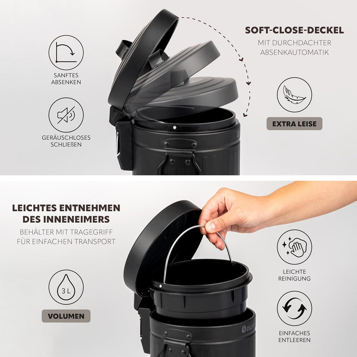 eluno Kosmetikeimer VINTAGE, Treteimer, 3 Liter Fassungsvermögen, Mülleimer mit Soft-Close Deckel, A