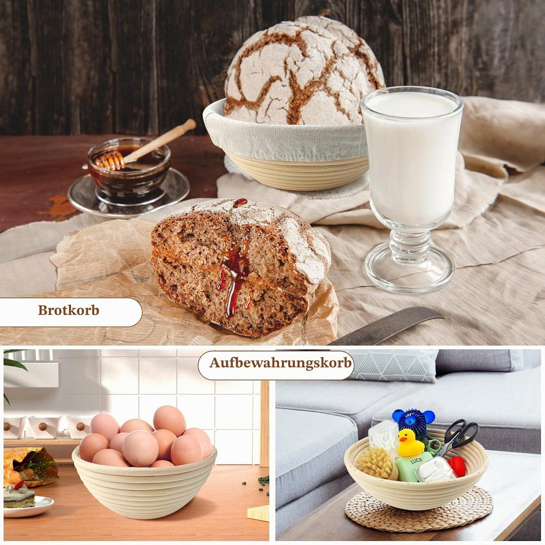 Banneton Brotgärkörbchen-Set für Sauerteigbrotbacken: 23cm runde &amp; 25cm ovale Rattan-Gärkörbchen mit