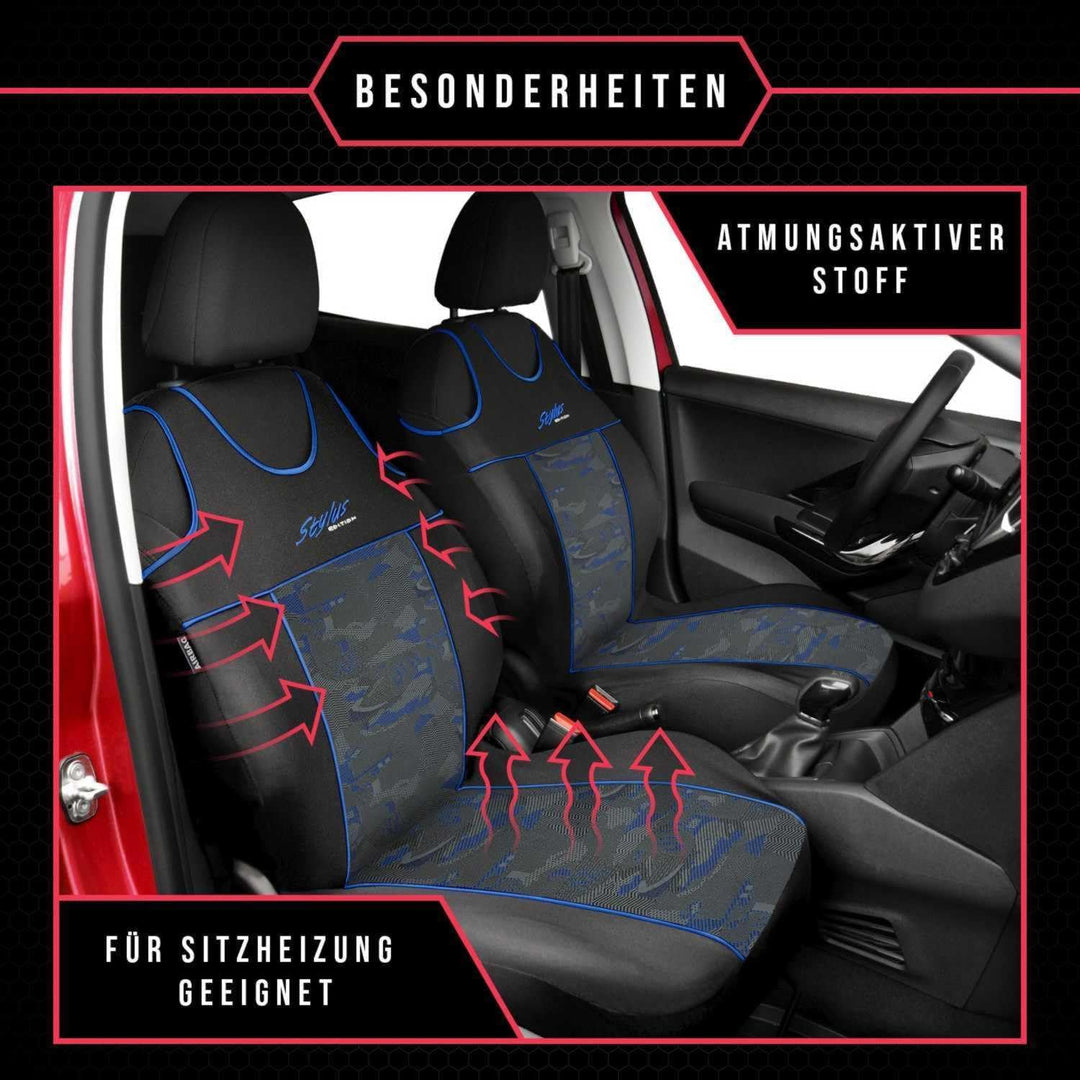 2er Set Autositzbezüge PKW universal | Auto Sitzbezüge Polyester Blau für Airbag geeignet | für Vord