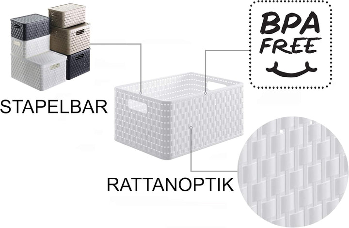 Rotho Country 3er-Set Aufbewahrungsbox 18l in Rattan-Optik, Kunststoff (PP) BPA-frei, weiss, 3 x A4/