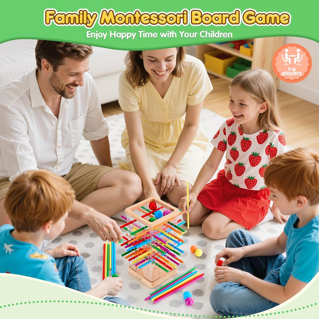 Montessori Spiel Brettspiel aus Holz, 48 Bunte Stäbchen Würfelspiel zur Feinmotorik & Mathe, Lernspi
