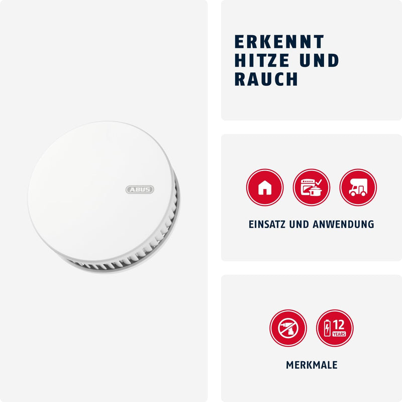 ABUS Rauchmelder RWM250 mit 12-Jahres-Batterie & Hitzewarnfunktion - für Küchen, Wohnräume und Wohnw