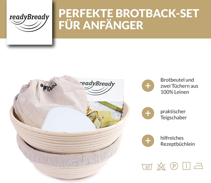 readyBready Gärkörbchen (rund, 22cm & 25cm) - hochwertiges Gärkorb Set zum Brotbacken inkl. Leinentü