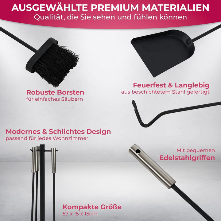 SULENO Kaminbesteck DUBLIN 4-teilig Kamingarnitur mit Ascheschaufel Besen Schürhaken, Kaminset & Hal