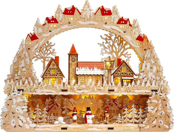 SIKORA LB08 Holz Schwibbogen beleuchteter LED Lichterbogen Motiv Winterdorf Dorfkirche Deko Weihnach