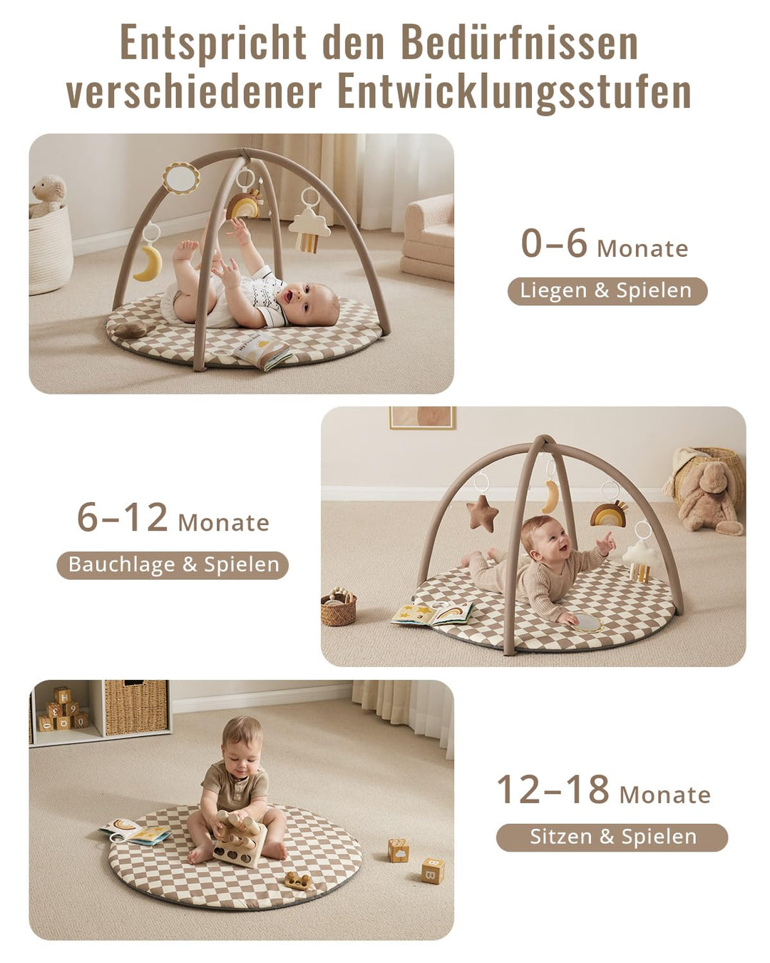 Blissful Diary Spielbogen Baby, Spieldecke Baby Gym Activity Decke mit 6 Abnehmbare Spielzeuge, krab