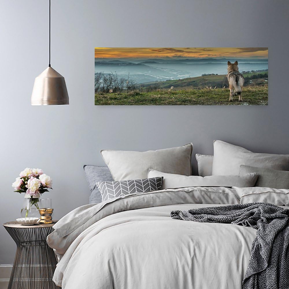 Feeby Bilder Wolf Tier Berge Nebel 100x40 cm Wohnzimmer Schlafzimmer Büro Flur Küche Wandbilder Mode