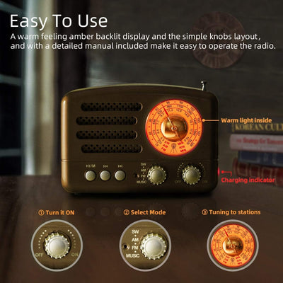 PRUNUS J-160 AM/FM/SW Retro Radio mit Bluetooth, Nostalgie Radio Klein mit 1800mAh Wiederaufladbare
