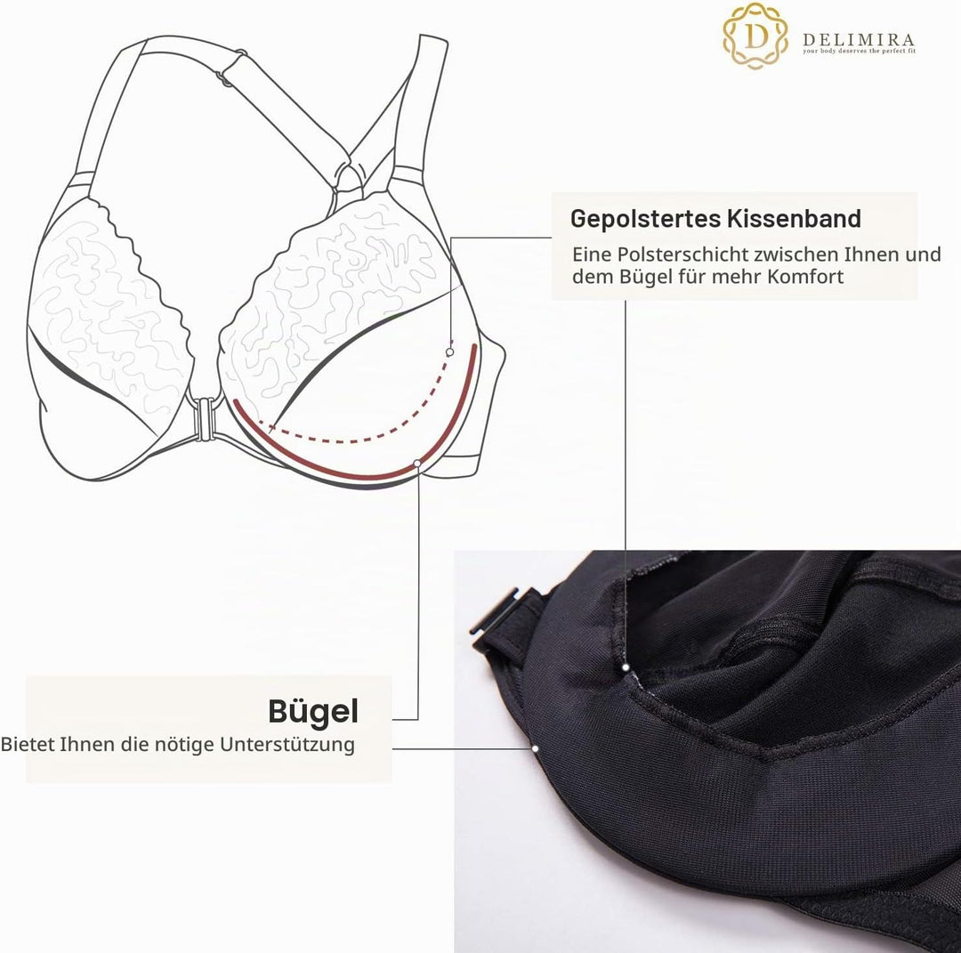 DELIMIRA Damen Vorderverschluss BH mit Bügel Vollständige Abdeckung Grosse Grössen 75B Schwarz, 75C