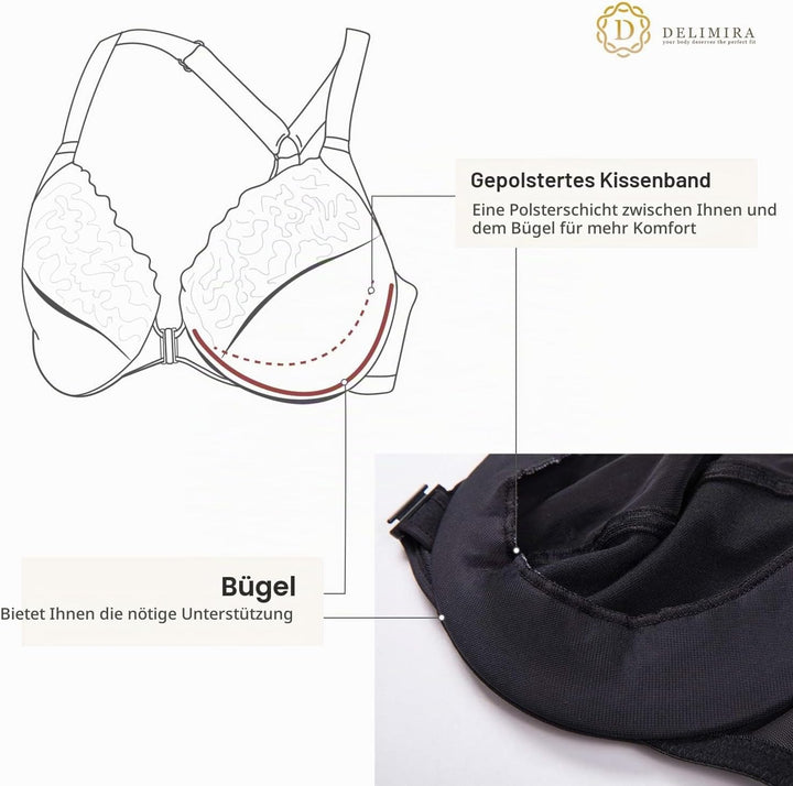 DELIMIRA Damen Vorderverschluss BH mit Bügel Vollständige Abdeckung Grosse Grössen 75B Schwarz, 75C