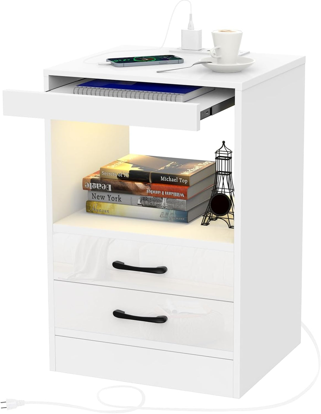 Lvhecforhm Nachttisch mit Steckdosen, Nachttisch Weiss Einstellbares Licht, Nachttische mit 2 Schubl