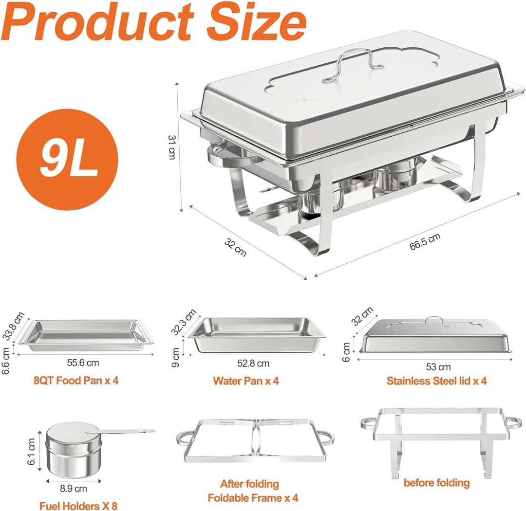 NArra 4er Pack Chafing Dish Buffet Set, 9L Rechteckige Catering Servierplatten aus Edelstahl mit Spe