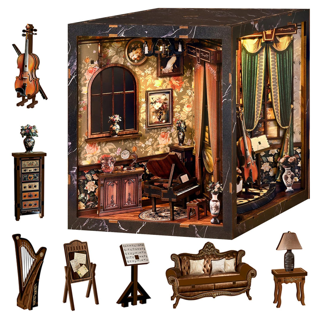 Spilay Miniatur Haus, European Melody Box DIY Miniature House mit LED-Licht, 3D Holz Puppenhaus Bast