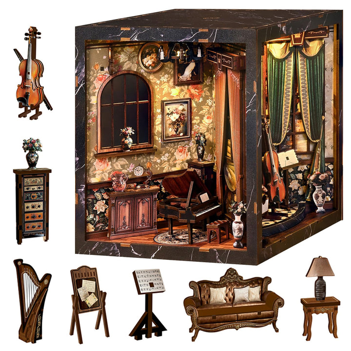 Spilay Miniatur Haus, European Melody Box DIY Miniature House mit LED-Licht, 3D Holz Puppenhaus Bast