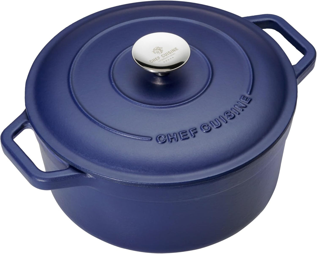 CHEF CUISINE Gusseiserner Bräter, blau, emailiert, 3,5 Liter, Deckel mit Edelstahl-Knauf