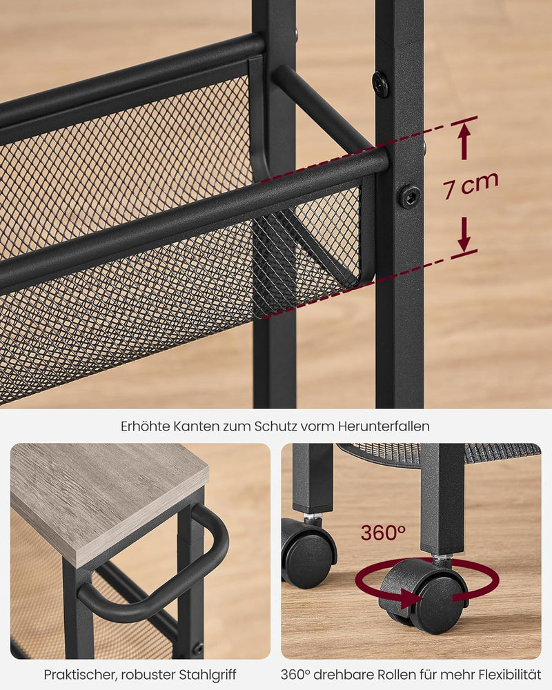 VASAGLE Rollwagen 4 Ebenen, Küchenwagen schmal, Nischenregal auf Rollen, Stahl, Griff, für kleine Rä