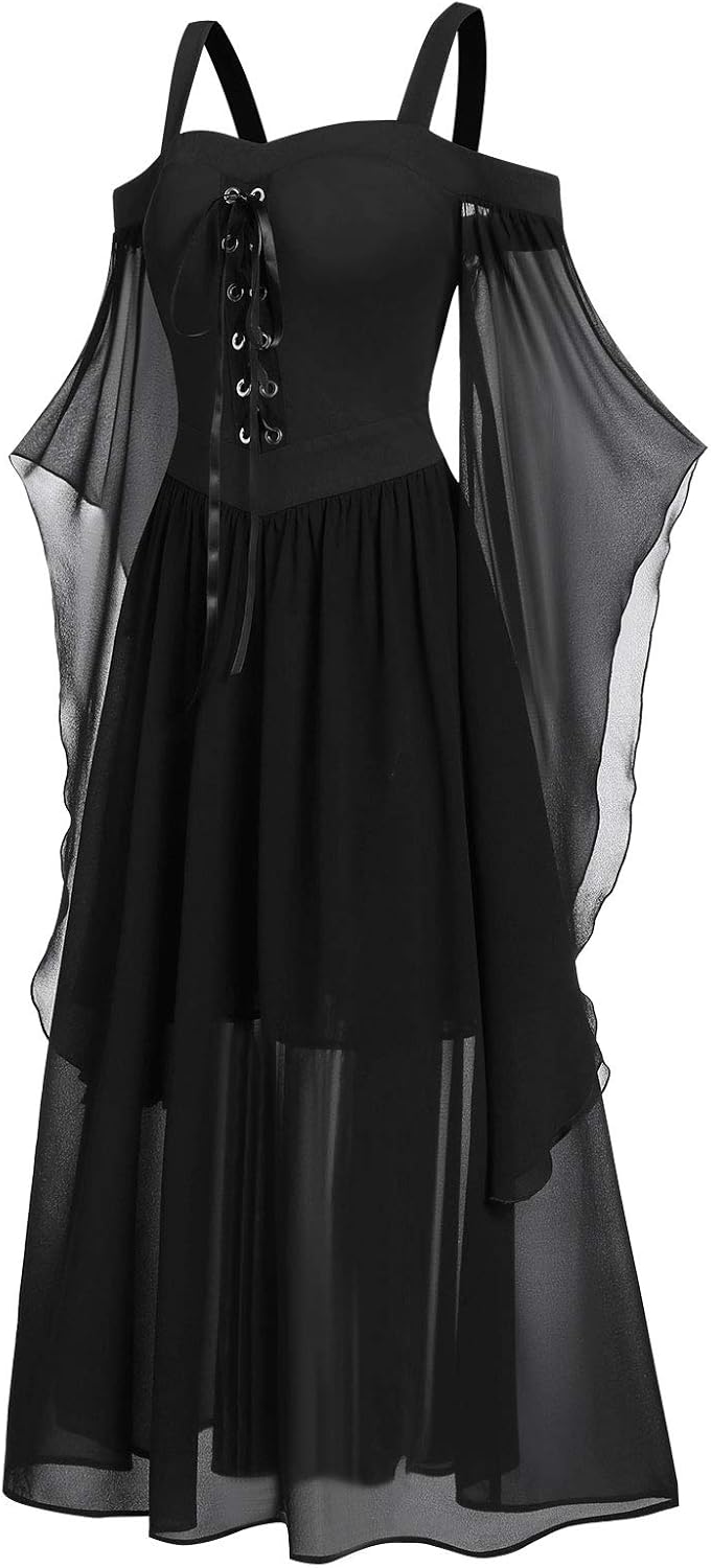 CHARMMA Gothic Halloween Kleid Kostüm Damen,Übergrösse A-Linie Schnüren Maxi Kleider mit Schmetterli